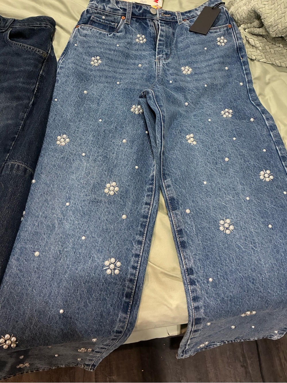 Blank NYC Blue Wide-Leg Jeans with Pearl Flower Embellishments
